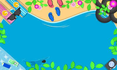 Naklejka na ściany i meble summer season. top view around with leaf chairs flowers swim ring sunglass on beach and man woman relax swimming in the blue sky sea holiday. free space for your text. vector illustration eps10