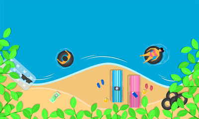 summer season. top view leaf around chairs flowers swim ring sunglass on beach and man woman relax swimming in the blue sky sea holiday. vector illustration eps10