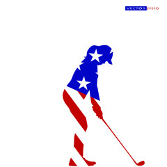 Young golfer in American flag, Star and stripes, Red white and blue color.