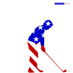 Young golfer in American flag, Star and stripes, Red white and blue color.