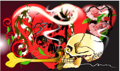 skull danger and rock  hearts flower design 