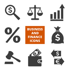Business and finance icons set on white background.
