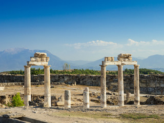 Ruins of the ancient Roman city of Hierapolis, Pamukkale, Denizli Province, Turkey.