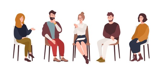 Men and women sitting on chairs and talking to psychotherapist or psychologist. Group therapy session, psychotherapeutic meeting or psychological aid. Vector illustration in modern flat style. - obrazy, fototapety, plakaty