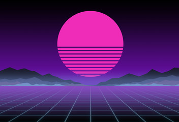 Glowing neon, synthwave and retrowave background template. Retro video games, futuristic design, rave music, 80s computer graphics and sci-fi concept.
