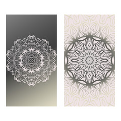 Design Vintage Cards With Floral Mandala Pattern And Ornaments. Vector Template. Islam, Arabic, Indian, Mexican Ottoman Motifs. Hand Drawn Background. Grey silver color