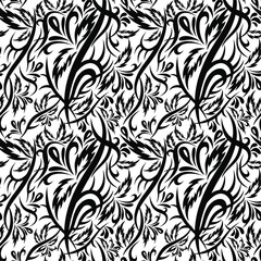 Tribal fantasy tropical black Flower seamless pattern with leaves, drops and curls on white background. Backdrop vector illustration