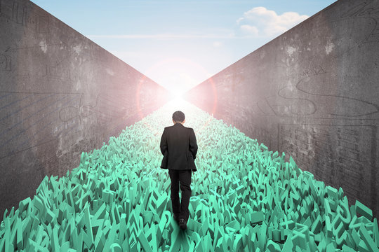 Big Data Highway Concept, Businessman Walking On One Way Road Of Huge Amount Of 3d Green Letters And Numbers, Toward The Exit Of Sunlight Sky View, With Doodles Concrete Wall On Both Side.