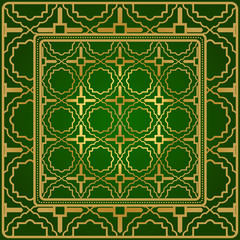 Obraz premium Background, Geometric Pattern With Ornate Lace Frame. Illustration. For Scarf Print, Fabric, Covers, Scrapbooking, Bandana, Pareo, Shawl. Green gold color
