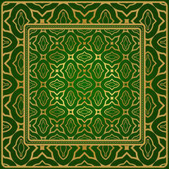 Background, Geometric Pattern With Ornate Lace Frame. Illustration. For Scarf Print, Fabric, Covers, Scrapbooking, Bandana, Pareo, Shawl. Green gold color