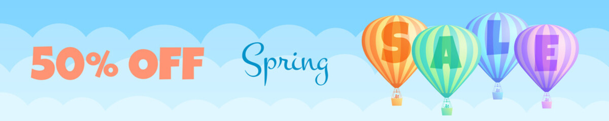 Obraz premium Hot air balloon sale travel vector illustration. Gift voucher or discount banner with colorful striped hot air balloons, white clouds and summer blue sky and sign Spring Sale. Clipping mask applied.