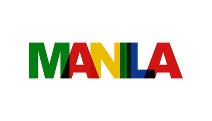Manila, phrase overlap color no transparency. Concept of simple text for typography poster, sticker design, apparel print, greeting card or postcard. Graphic slogan isolated on white background.