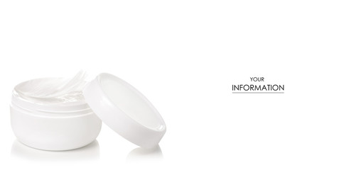 White jar of cream white feather beauty skin care pattern on a white background isolation