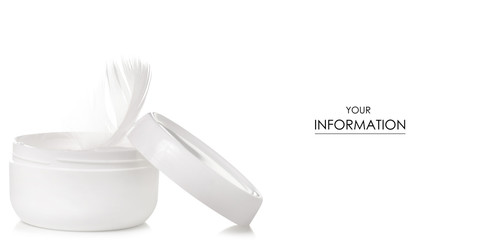 White jar of cream white feather beauty skin care pattern on a white background isolation