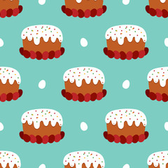 Vector seamless pattern background for Orthodox Easter Day with easter cake called kulich and eggs.