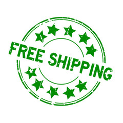 Grunge green free shipping word with star icon round rubber seal stamp on white background