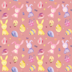 Cute baby easter rabbit seamless pattern, illustration for children clothing. Watercolor Hand drawn