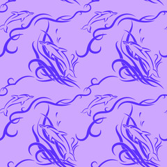 Fototapeta na wymiar Lilac tribal dolphin seamless pattern on violet background for fabric, textile, cloth or wrapping paper. Vector backdrop illustration