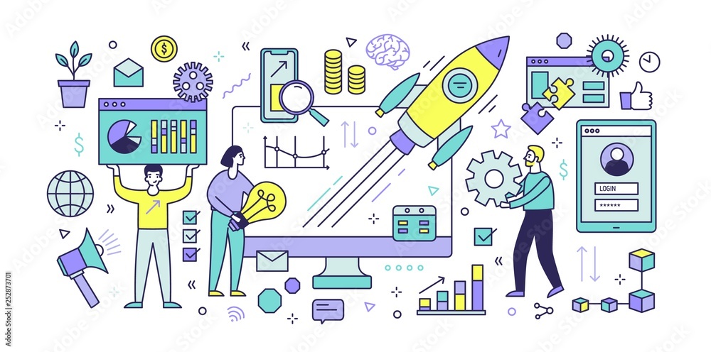 Aufkleber Banner template with computer display, diagrams, charts, graphs, flying spaceship and people working together under digital startup project launch. Modern vector illustration in line art style.