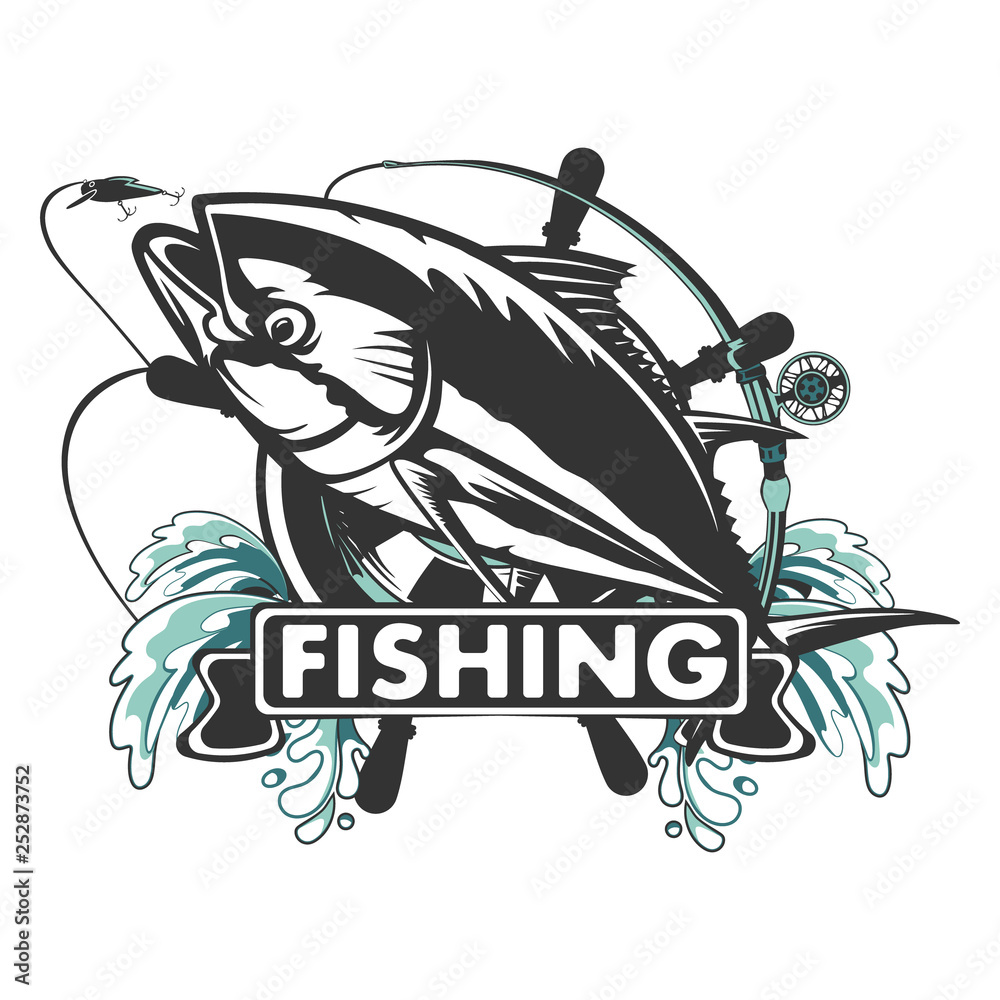 Wall mural tuna yellow fin, big eye tuna simple emlem isolated on white. sport fishing club logo. fishing theme