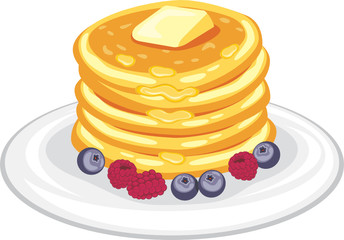 Stack of pancakes with honey, butter and berries