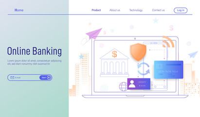 Online banking modern modern flat design concept, Landing page of Online banking through smartphone and laptop vector.