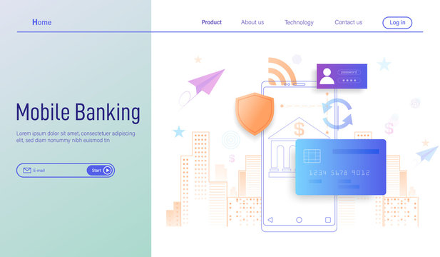 Mobile banking modern flat design concept for landing page , online payment and protection of money in smartphone transactions vector.