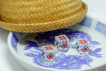 open game twelve point dice in bowl on white background