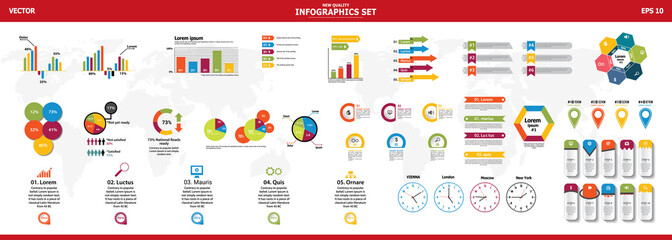 Fototapeta na wymiar Infographic vector huge set. Rich collection of elements for marketing presentation, business reports, data visualisation, quality layout templates, data analytics or other projects.