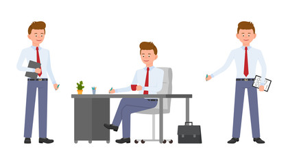Young friendly office manager in formal wear sitting at the desk, holding notes and tablet, writing. Cartoon character design of handsome man smiling, standing, thinking emotional concept - Vector