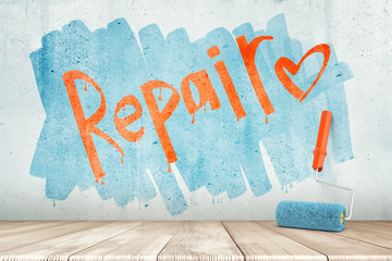 3d rendering of a wall with the word 'Repair' and a heart on it and a paint roller against the wall.