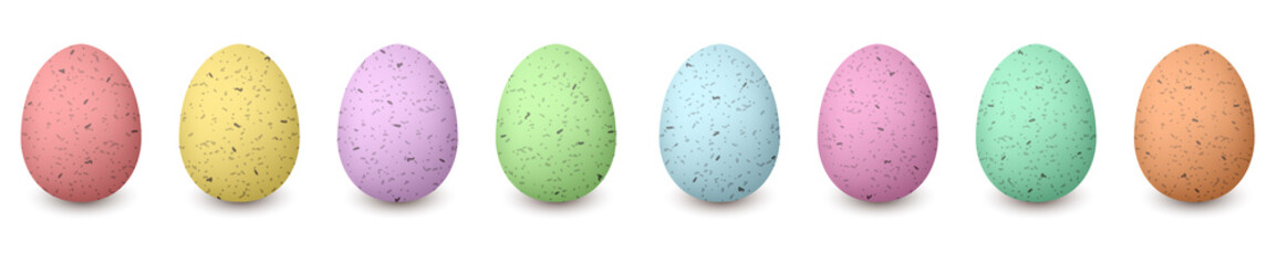 Happy Shabby easter colored eggs in a row. Set of red, green, blue, pink, purple, yellow, brown