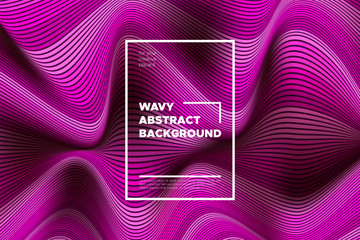 Pink Wave Poster. Abstract Geometric Background with Bright Wave Lines in Futuristic Style. Trendy Volumetric Cover with Distortion of Stripes. 3d Optical Illusion. Wave Poster for Web Design. Eps10.