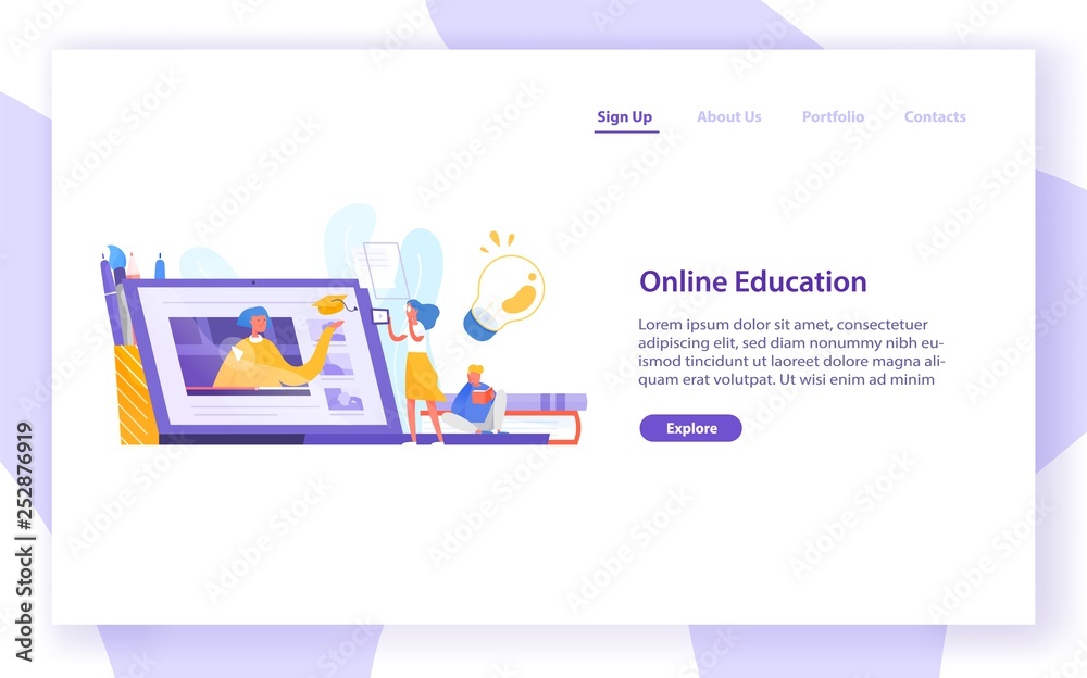 Aufkleber Landing page template with tiny girl standing in front of giant laptop computer and looking at screen. Distance learning, internet studying, online education. Modern isometric vector illustration.
