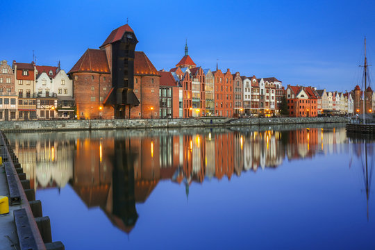 Beautiful old town of Gdansk with historic Crane at Motlawa river, Poland