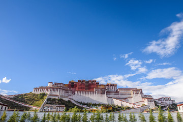 front view of the Historic Ensemble of the Potala Palace in Lhasa, Tibet, China, which it is now a...