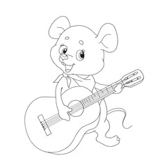 Cute cartoon character little mouse. Cheerful musician. Little mouse guitarist. Vector illustration on white background. Contour for coloring-books. Page for children's creativity.