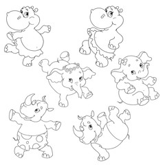 A collection of funny cartoon characters. Hippo, elephant, rhinoceros dance. Dancing animals. Pictures for coloring books. For children's creativity. Vector isolated on white background.