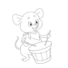 Little mouse musician. Funny cartoon character mouse drummer. Mouse plays the drum. Vector for coloring book.
