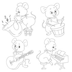 Seth funny mouse musicians. Cute cartoon characters of the little mouse. Trumpeter, pianist, drummer, guitarist. Musical ensemble. Vector isolated. A collection of characters for coloring books.