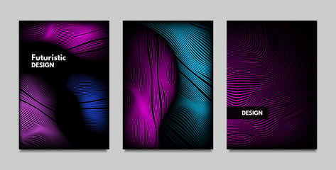Fluid Metallic Shapes Abstraction. Covers with Trendy Vibrant Gradient and Movement Effect. Abstract Wavy Geometry. Vector Templates with Distortion of Lines. Fluid Shapes for Business Presentation.