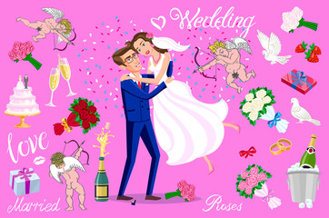 set vector Just married, newlyweds, bride and groom set. Happy Couple celebrating marriage, dancing, kissing, hugging, holding each other in arms, cut cake, jumping after ceremony
