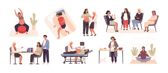 Collection of pregnant woman visiting doctor or physician, performing yoga or gymnastic exercise, cooking, sleeping, meditating. Happy pregnancy set. Vector illustration in flat cartoon style.