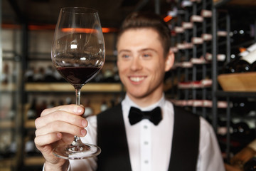 Well tasting. Selective focus shot in a glass of wine in the hands of a cheerful sommelier