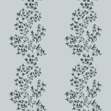 Hand drawn flower seamless pattern. Dark gray floral backdrop tracery on gray background, vector illustration