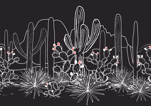 Vector seamless pattern with cacti, and mountains. Wild cactus Mexican forest with agave, saguaro, and prickly pear.