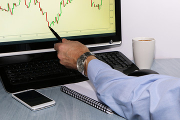 Close-up - trader with phone and coffee