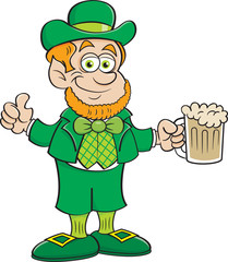 Cartoon illustration of a leprechaun holding a beer and giving thumbs up.