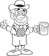 Cartoon illustration of a leprechaun holding a beer and giving thumbs up.