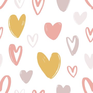 Romantic seamless pattern with cute stylized hand drawn hearts on white background